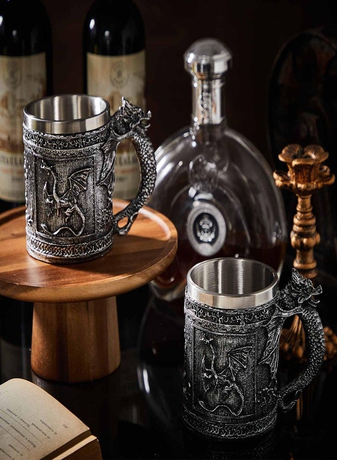 Reallnaive 2 Pcs Medieval Dragon Mug 15oz Goth Game Dungeons Coffee Mug Novelty Thrones Beer Stein Tankard Stainless Drinking Cup for Men GOT Dragon Lover Collector Medieval Gift Party Decoration - Image 4